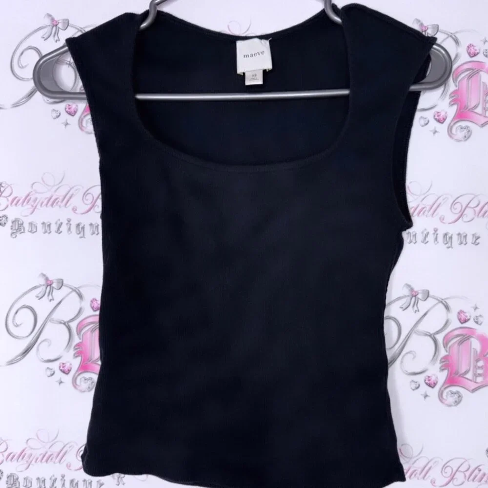 Maeve tank top black ribbed square neckline stretchy basic casual top shirt luxe - Picture 1 of 4
